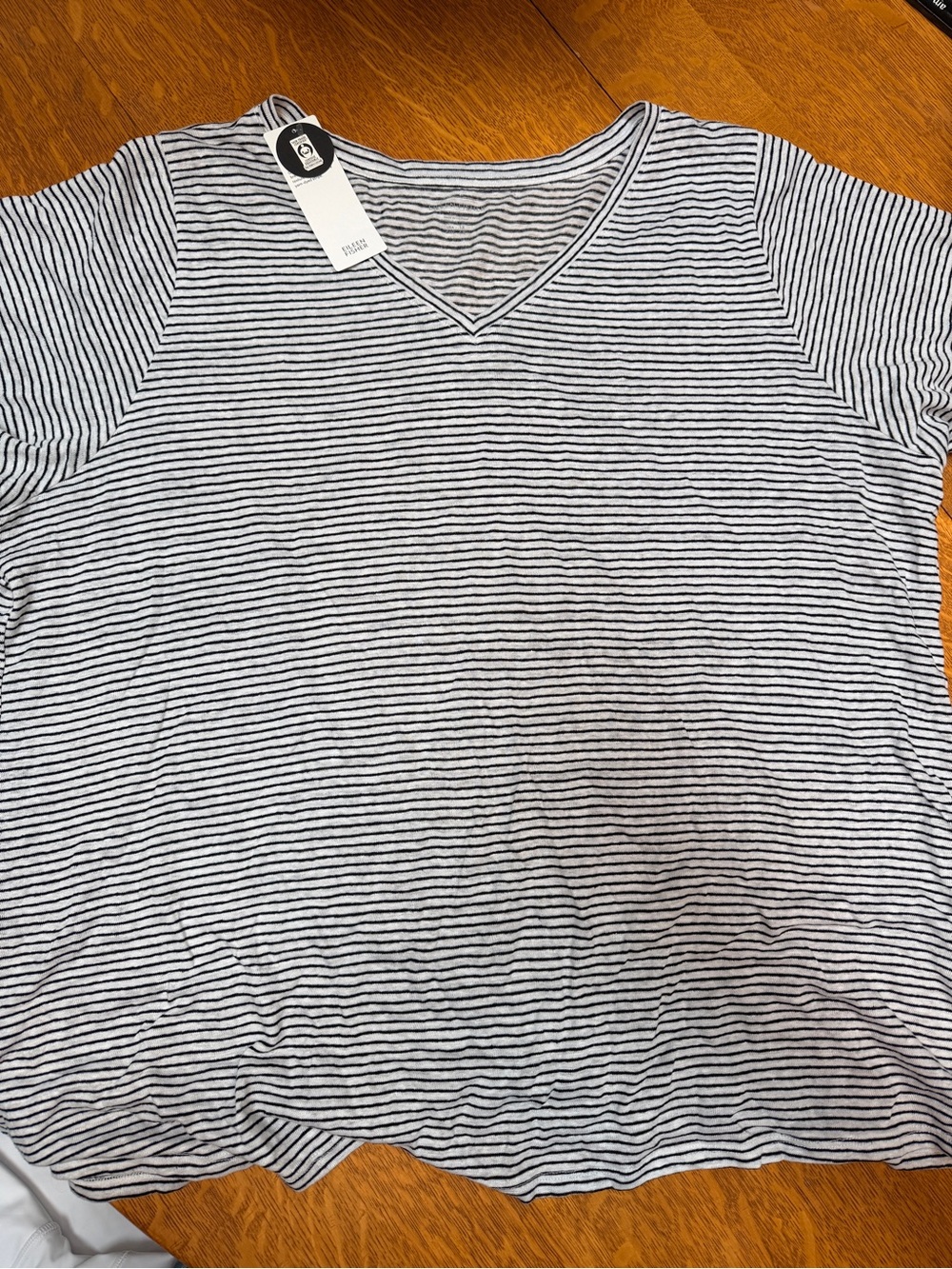 Eileen Fisher Women’s V-Neck Short Sleeve Black White Stripe Linen Tee 1X NWT